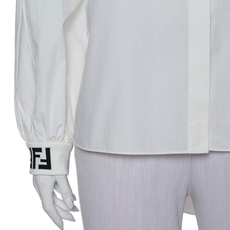 Pre Owned Fendi White Cotton Contrast Collar Detail Asymmetric Hem Oversized Shirt M