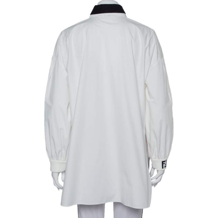 Pre Owned Fendi White Cotton Contrast Collar Detail Asymmetric Hem Oversized Shirt M