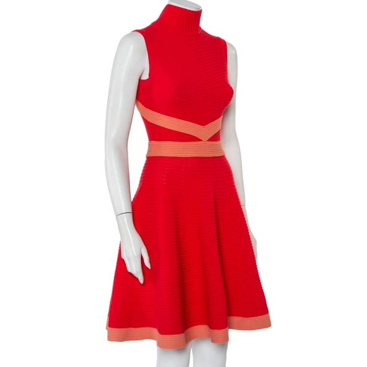 مملوكة مسبقًا Fendi Red Rib Knit Contrast Trim High Neck Sleeveless Skater Dress S