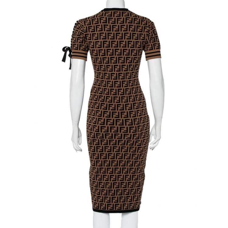 Pre Owned Fendi Brown Zucca Monogram Knit Short Sleeve Sheath Dress S