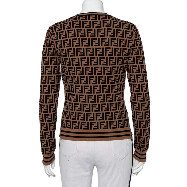 Pre Owned Fendi Brown Zucca Monogram Knit Logo Embroidered Jumper M