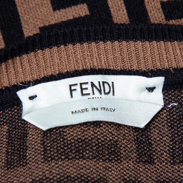 Pre Owned Fendi Brown Zucca Monogram Knit Logo Embroidered Jumper M