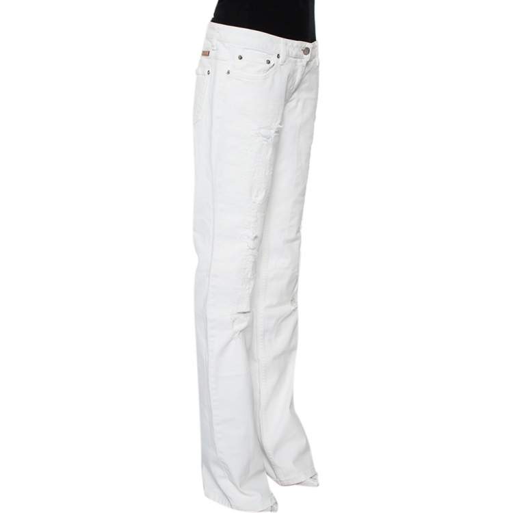 Pre Owned Fendi White Denim Straight Leg Distressed Jeans M