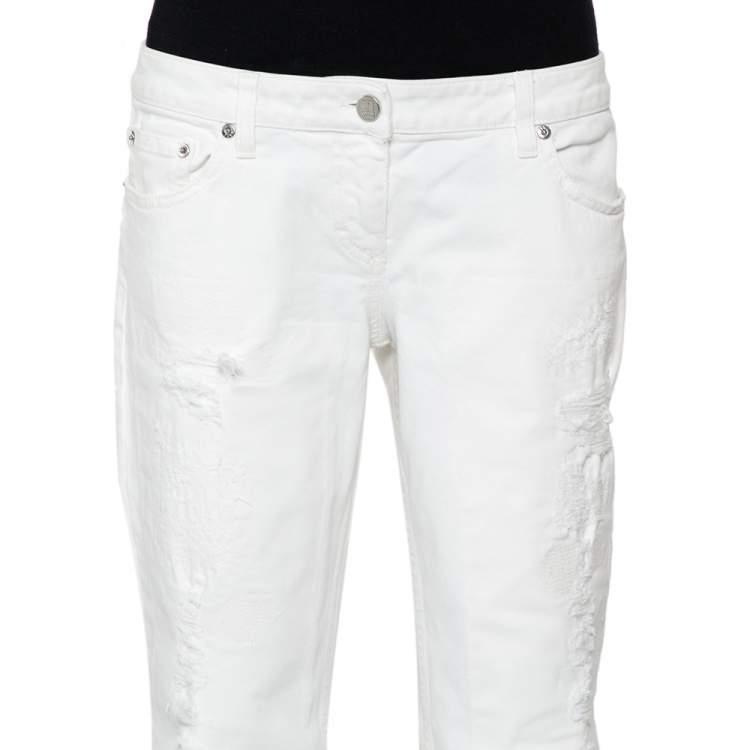 Pre Owned Fendi White Denim Straight Leg Distressed Jeans M