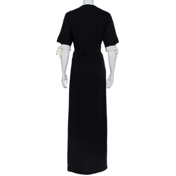Pre Owned Fendi Black Crepe Contrast Trim Front Slit Detail Long Dress M