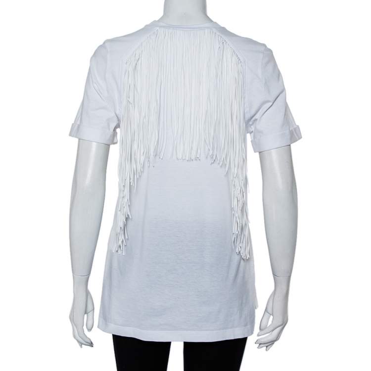 Pre Owned Fendi White Sequin Embellished Logo Embroidered Cotton Fringed Detail T shirt XXS