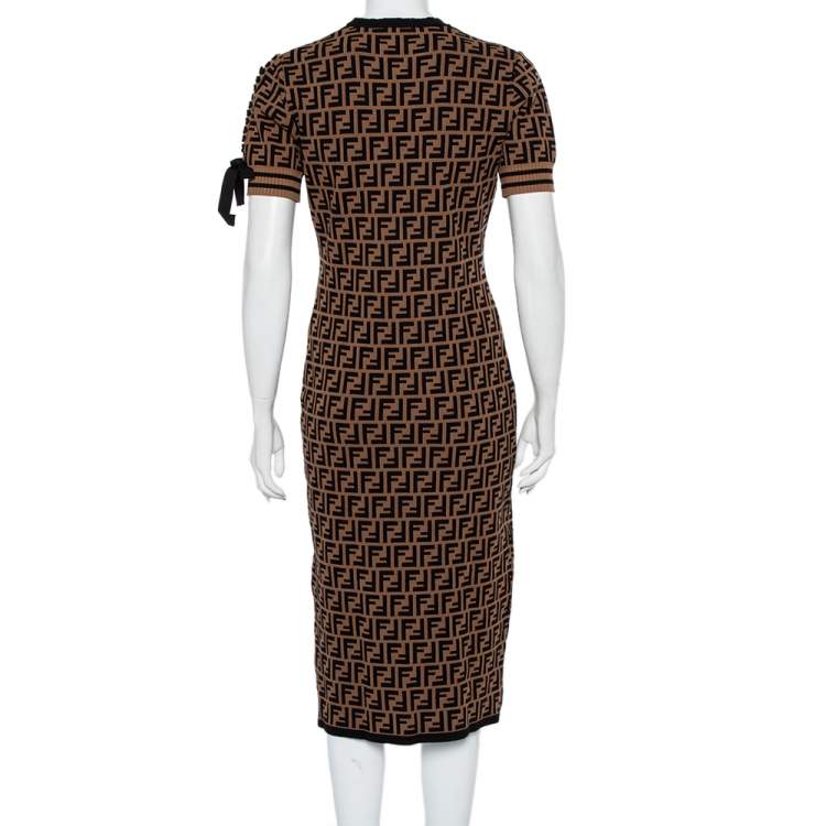 Pre Owned Fendi Brown Logo Monogram Knit Sheath Dress M
