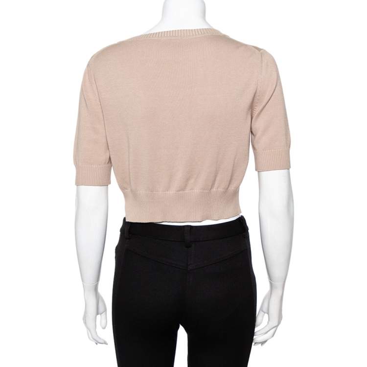 Pre Owned Fendi Beige Floral Applique Detail Short Sleeve Cropped Cardigan M