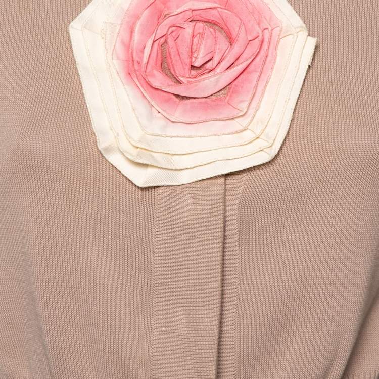 Pre Owned Fendi Beige Floral Applique Detail Short Sleeve Cropped Cardigan M