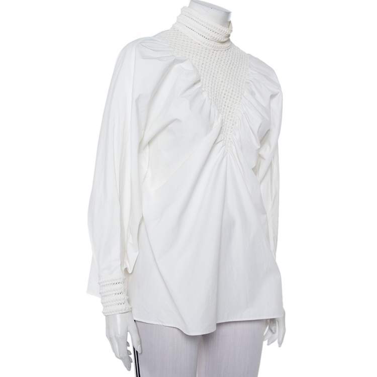 Pre Owned Fendi White Cotton Lace Trim Detail Oversized Top M