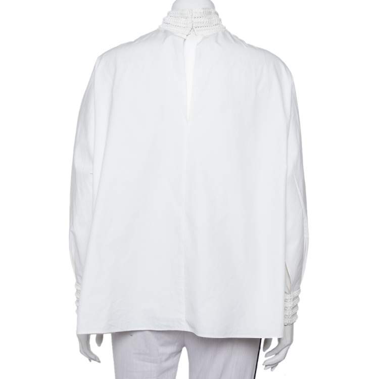 Pre Owned Fendi White Cotton Lace Trim Detail Oversized Top M