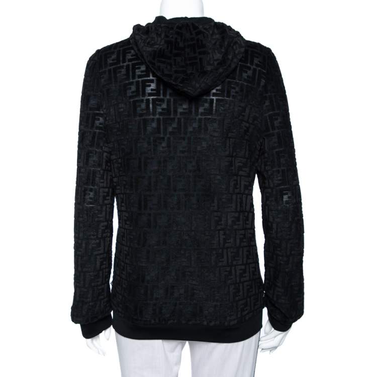 Pre Owned Fendi Black Zucca Monogram Velour Zip Front Hooded Jacket L