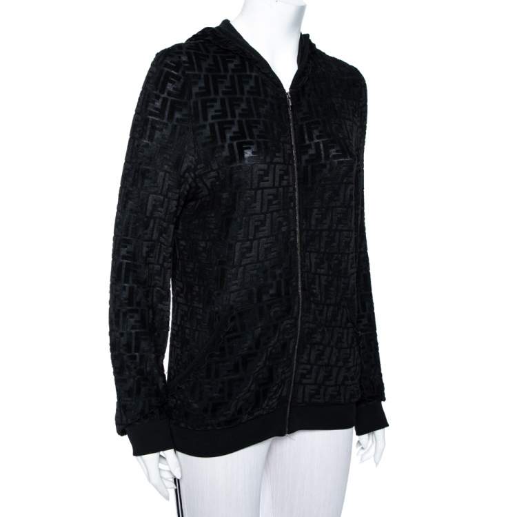 Pre Owned Fendi Black Zucca Monogram Velour Zip Front Hooded Jacket L