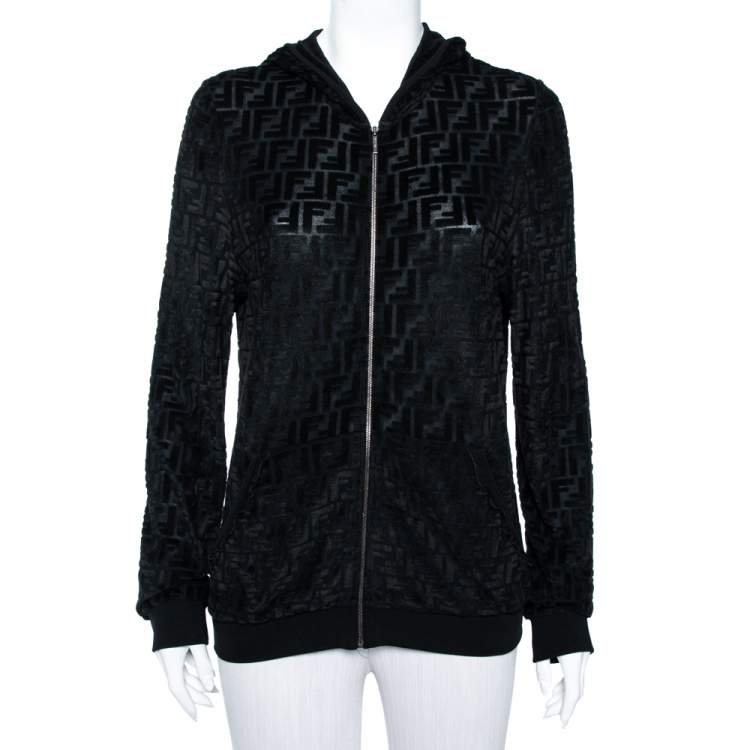 Pre Owned Fendi Black Zucca Monogram Velour Zip Front Hooded Jacket L