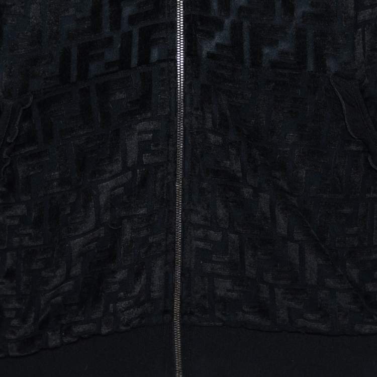 Pre Owned Fendi Black Zucca Monogram Velour Zip Front Hooded Jacket L