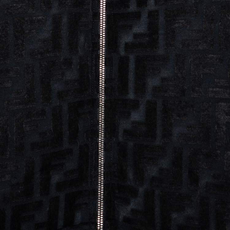Pre Owned Fendi Black Zucca Monogram Velour Zip Front Hooded Jacket L