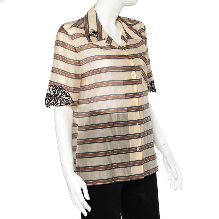 Pre Owned Fendi Beige Striped Cotton Cutwork Detail Button Front Shirt M