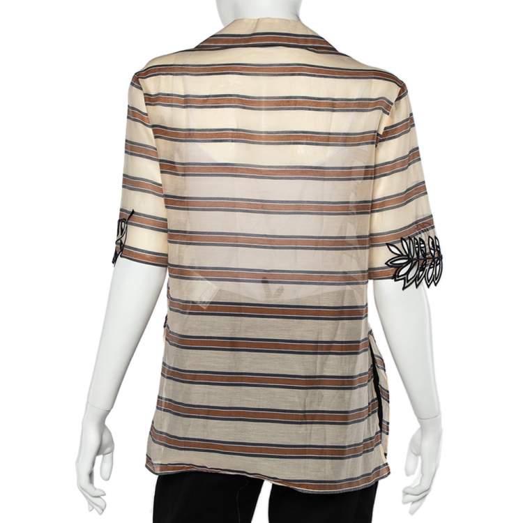 Pre Owned Fendi Beige Striped Cotton Cutwork Detail Button Front Shirt M