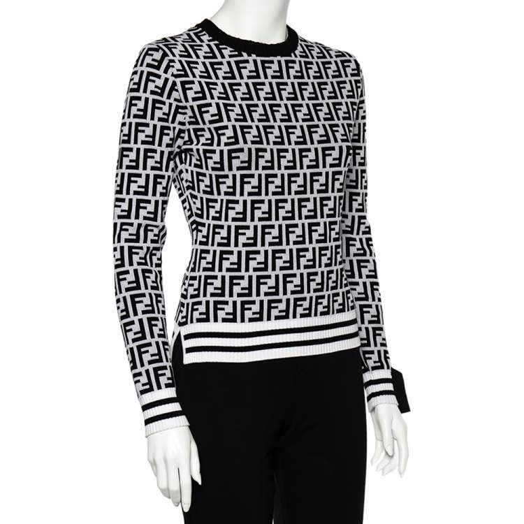 Pre Owned Fendi Monochrome Zucca Monogram Intarsia Knit Crop Top S