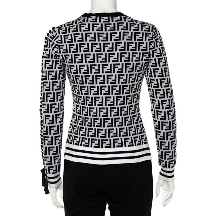 Pre Owned Fendi Monochrome Zucca Monogram Intarsia Knit Crop Top S