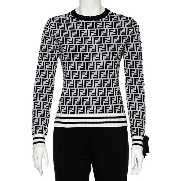 Pre Owned Fendi Monochrome Zucca Monogram Intarsia Knit Crop Top S