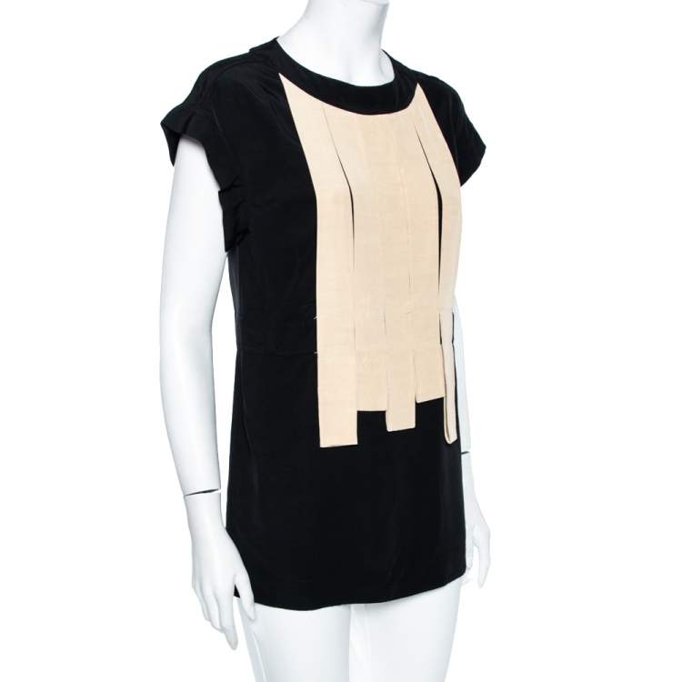 Pre Owned Fendi Black Crepe Contrast Paneled Applique Detail Tunic S 