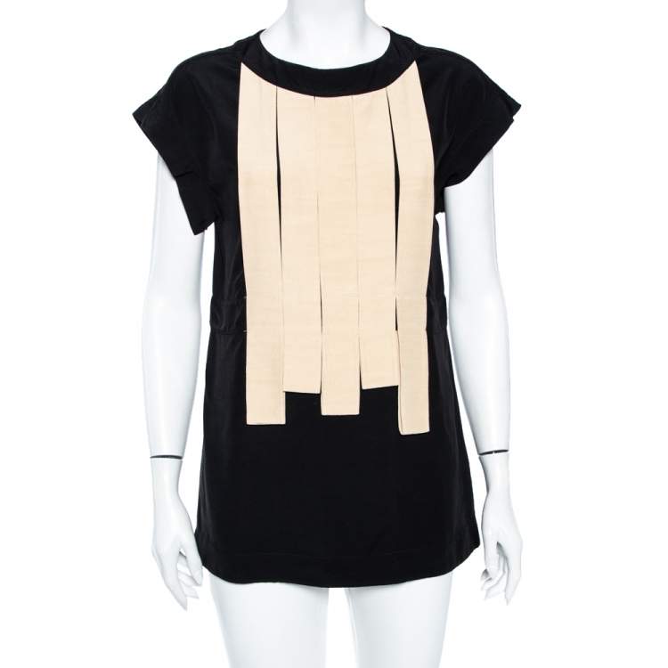 Pre Owned Fendi Black Crepe Contrast Paneled Applique Detail Tunic S 