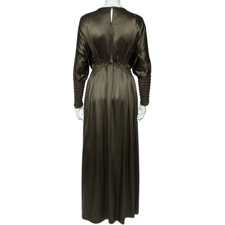Pre Owned Fendi Olive Green Silk Smocked Side Slit Maxi Dress M