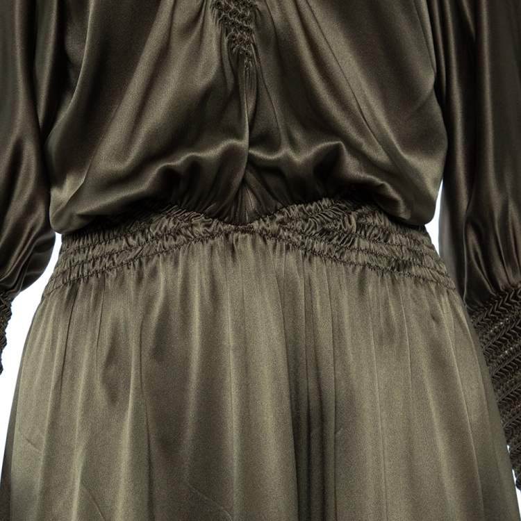 Pre Owned Fendi Olive Green Silk Smocked Side Slit Maxi Dress M