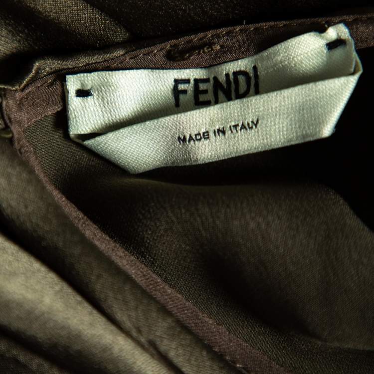 Pre Owned Fendi Olive Green Silk Smocked Side Slit Maxi Dress M