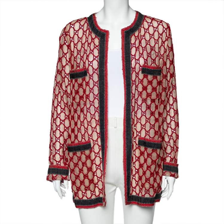Pre Owned Gucci Red GG Macrame Open Front Belted Jacket M