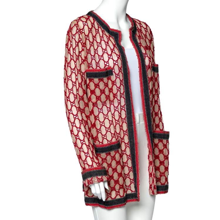 Pre Owned Gucci Red GG Macrame Open Front Belted Jacket M