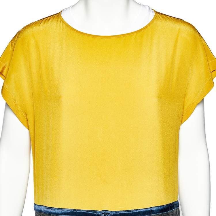 مملوكة مسبقًا Fendi Yellow & Charcoal Grey Wool & Silk Paneled Waist Tie Detail Midi Dress M
