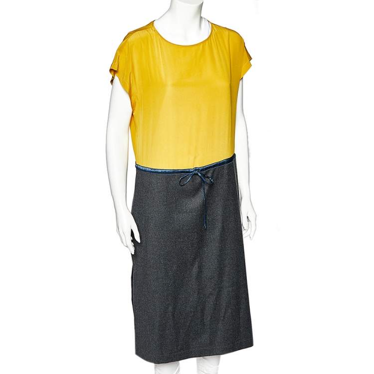 مملوكة مسبقًا Fendi Yellow & Charcoal Grey Wool & Silk Paneled Waist Tie Detail Midi Dress M