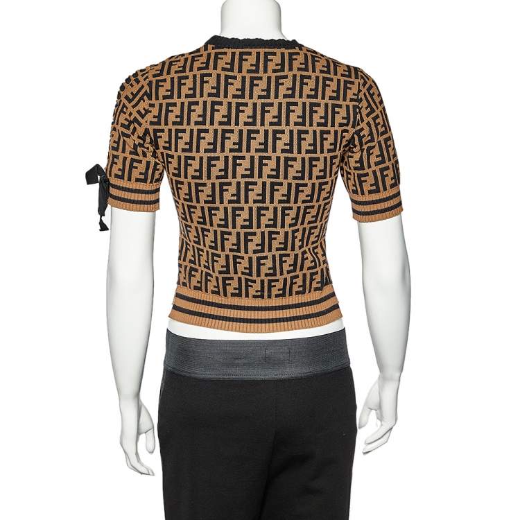 Pre Owned Fendi Brown Zucca Monogram Intarsia Knit Sweater Top S