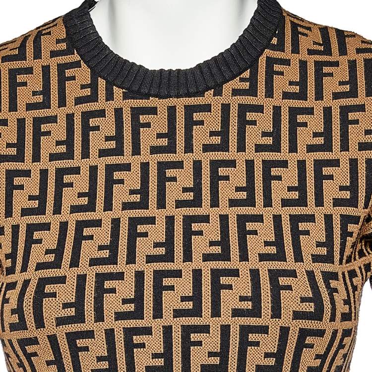Pre Owned Fendi Brown Zucca Monogram Intarsia Knit Sweater Top S