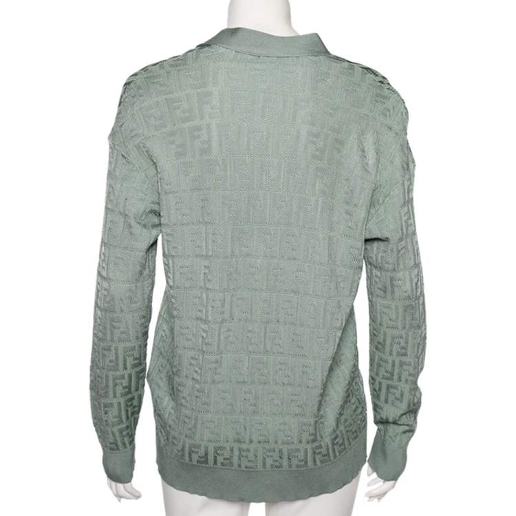 Pre Owned Fendi Mint Green FF Motif Embossed Knit Button Front Cardigan M