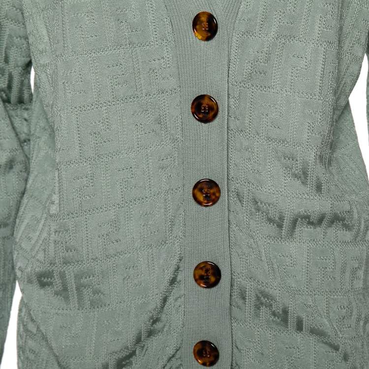 Pre Owned Fendi Mint Green FF Motif Embossed Knit Button Front Cardigan M