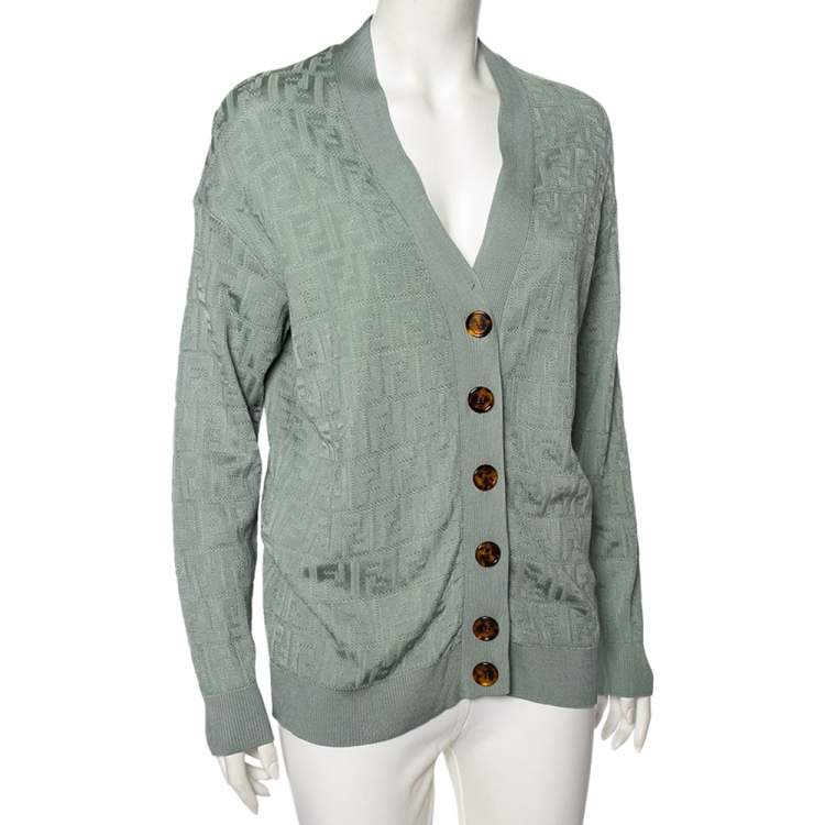 Pre Owned Fendi Mint Green FF Motif Embossed Knit Button Front Cardigan M