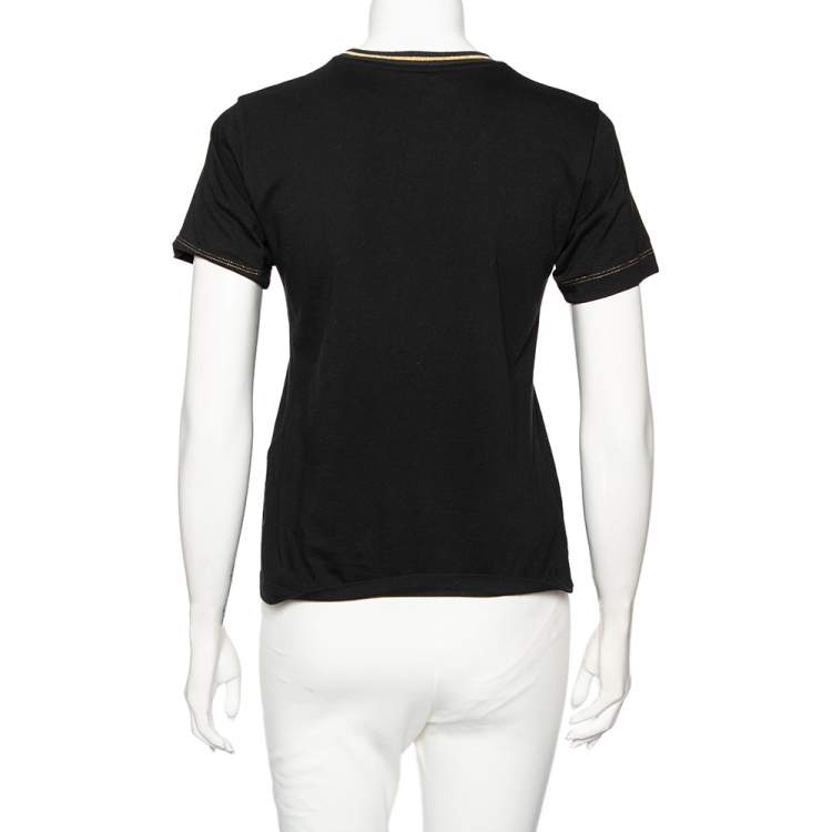 Pre Owned Fendi Black Cotton & Lurex Embroidered Logo Detail Crew Neck T-Shirt XS