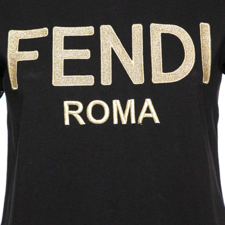 Pre Owned Fendi Black Cotton & Lurex Embroidered Logo Detail Crew Neck T-Shirt XS