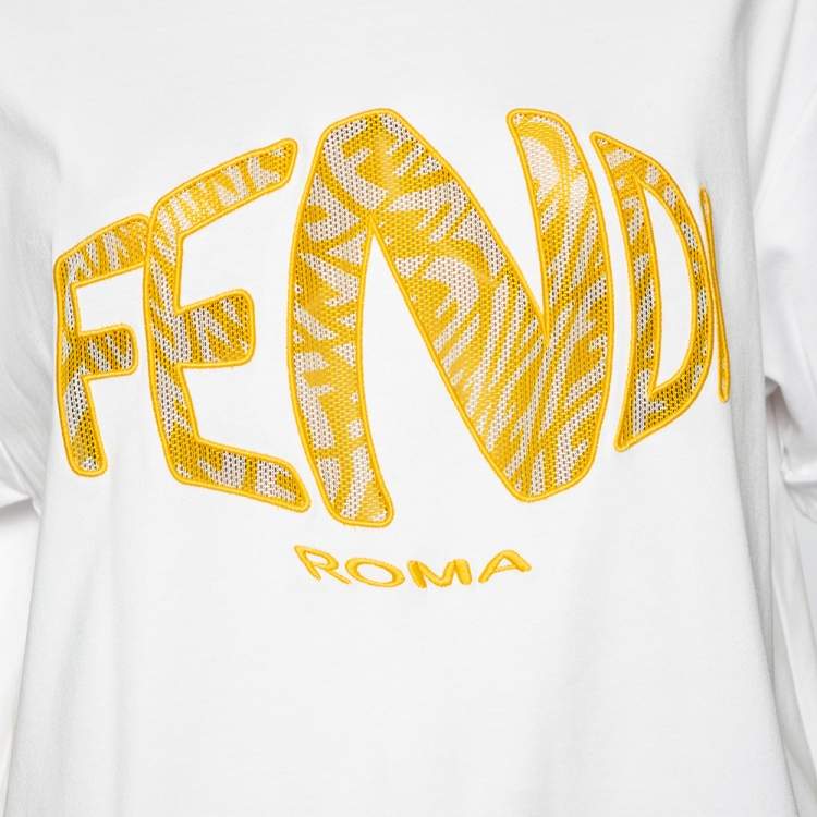 Pre Owned Fendi White Cotton Mesh Fish Eye Logo Inset Short Sleeve T-Shirt M