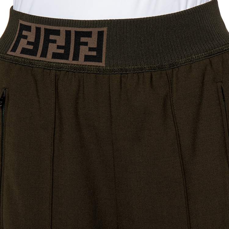 مملوكة مسبقًا Fendi Military Green Wool Blend Elastic Waist Detail Palazzo Pants S
