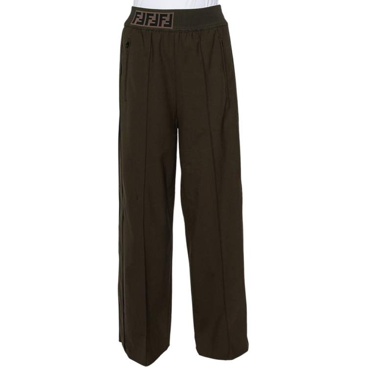 مملوكة مسبقًا Fendi Military Green Wool Blend Elastic Waist Detail Palazzo Pants S