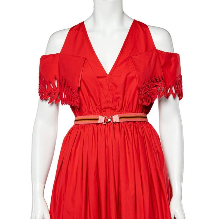 Pre Owned Fendi Coral Red Cotton Embroidered Sleeve Cold Shoulder Midi Dress M