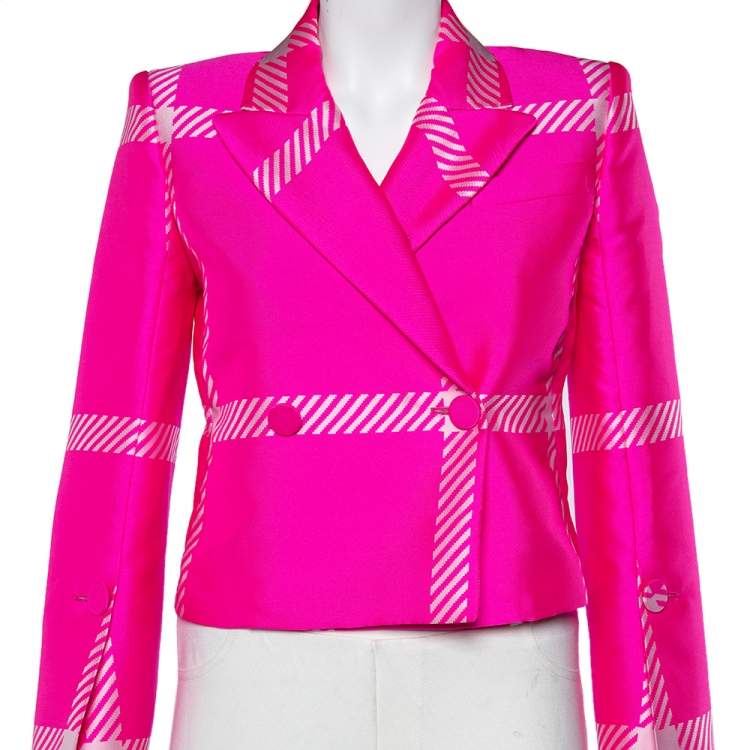 Pre Owned Fendi Fluo Pink Patterned Jacquard Double Breasted Cropped Blazer S