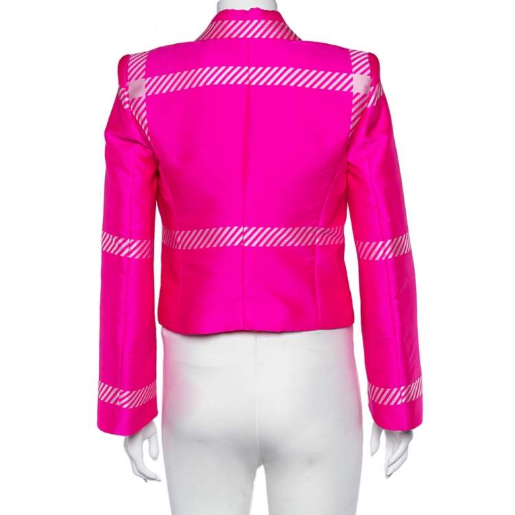 Pre Owned Fendi Fluo Pink Patterned Jacquard Double Breasted Cropped Blazer S