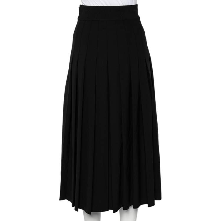 Pre Owned Fendi Black Wool Logo Knit Band Detail Pleated Midi Skirt S