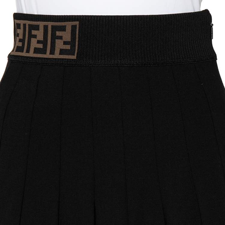 Pre Owned Fendi Black Wool Logo Knit Band Detail Pleated Midi Skirt S