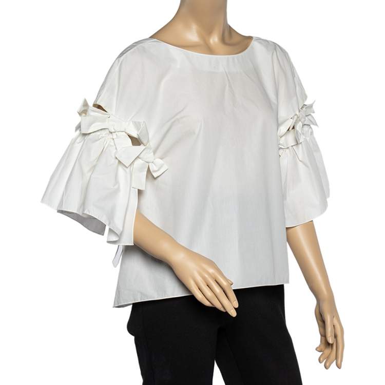 Pre Owned Fendi White Cotton Bow Detail Oversized Top S